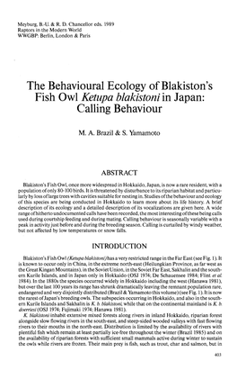 The Behavioural Ecology of Blakiston's Fish Owl Ketupa Blakistoni in Japan: Calling Behaviour