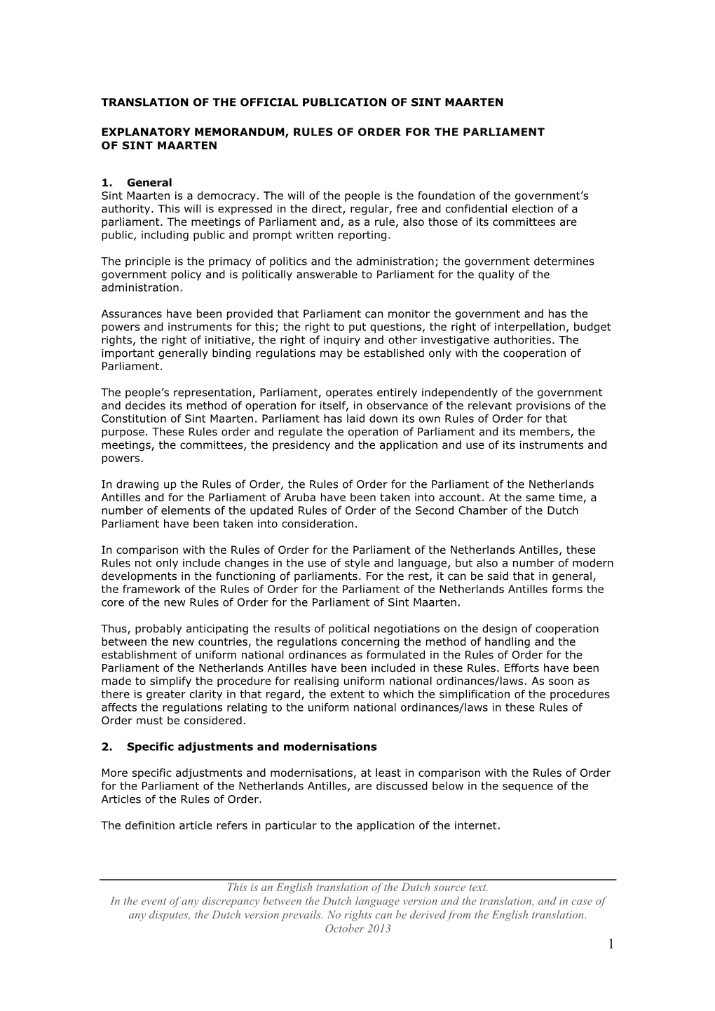 Explanatory Memorandum, Rules of Order for the Parliament of Sint Maarten