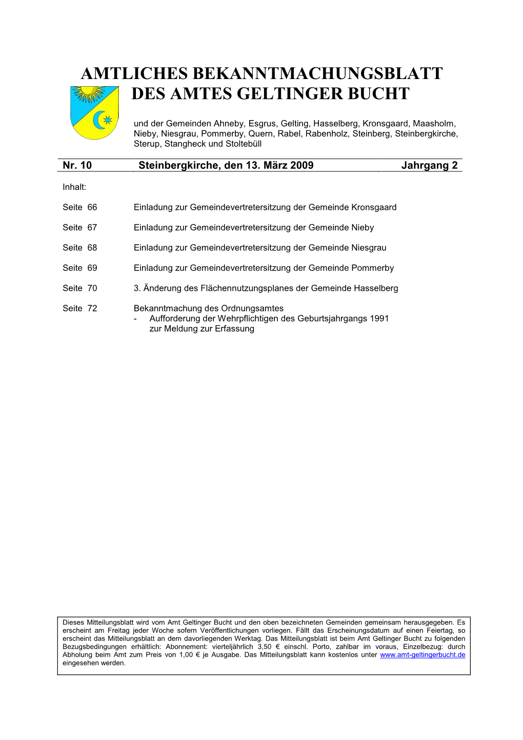 Amtliches Bekanntmachungsblatt Des Amtes Geltinger Bucht Nr. 10/2009