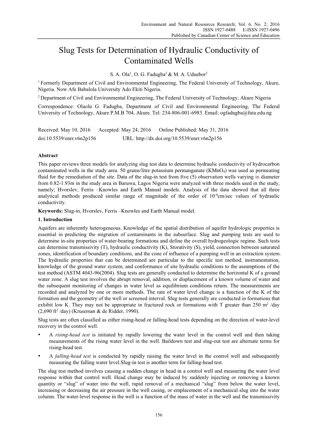 Slug Tests for Determination of Hydraulic Conductivity of Contaminated Wells