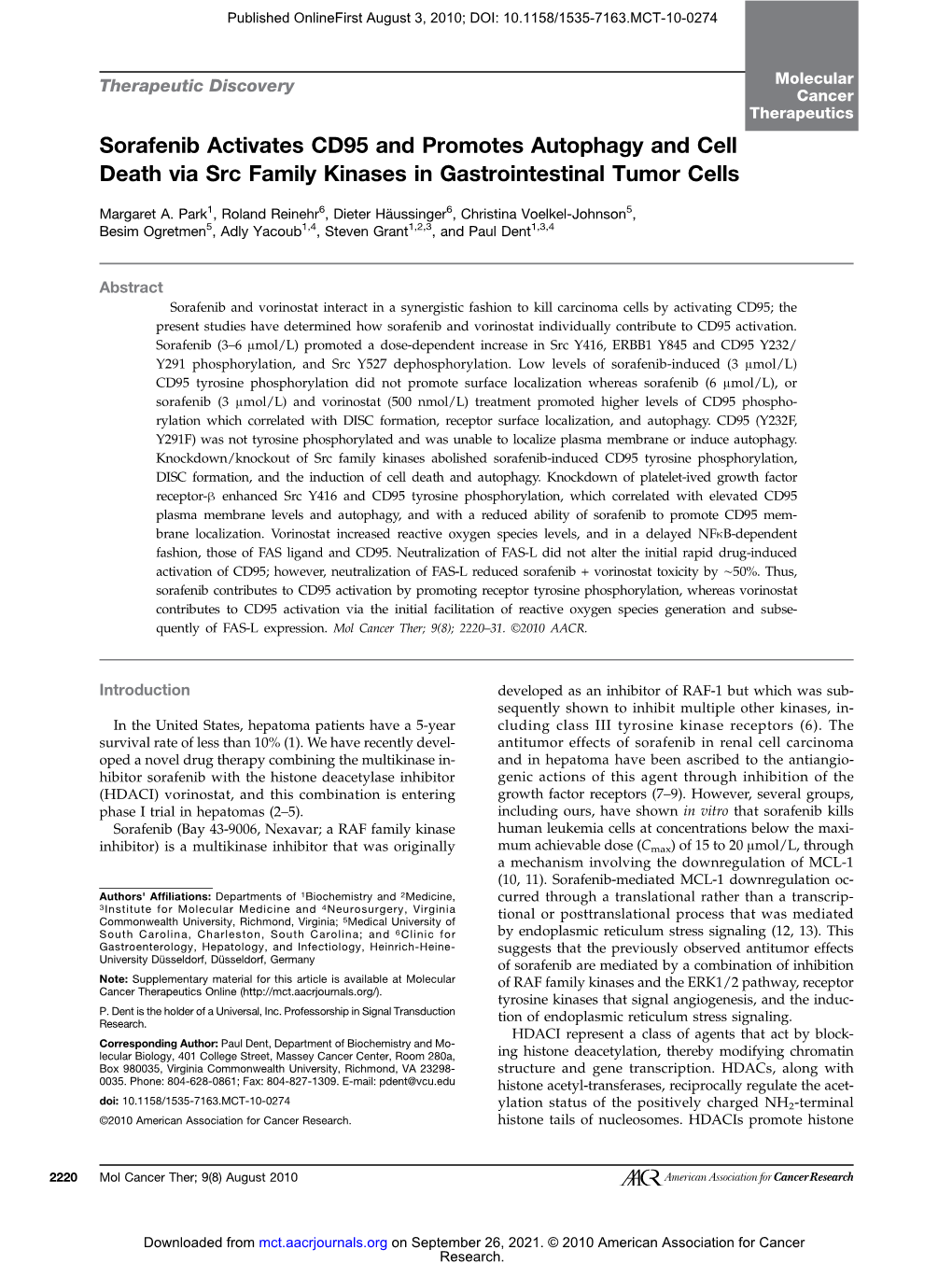 Sorafenib Activates CD95 and Promotes Autophagy and Cell Death Via Src Family Kinases in Gastrointestinal Tumor Cells