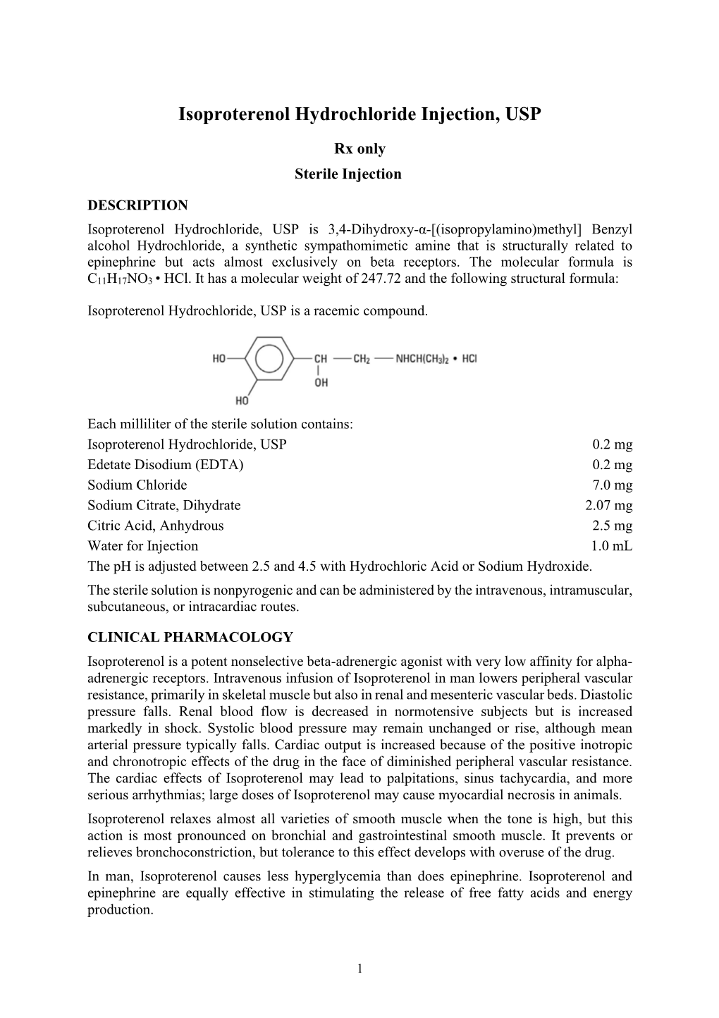 Isoproterenol Hydrochloride Injection, USP