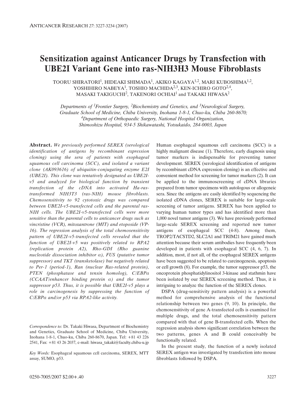 Sensitization Against Anticancer Drugs by Transfection with UBE2I Variant Gene Into Ras-NIH3H3 Mouse Fibroblasts