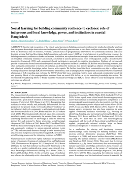 Social Learning for Building Community Resilience to Cyclones: Role of Indigenous and Local Knowledge, Power, and Institutions in Coastal Bangladesh