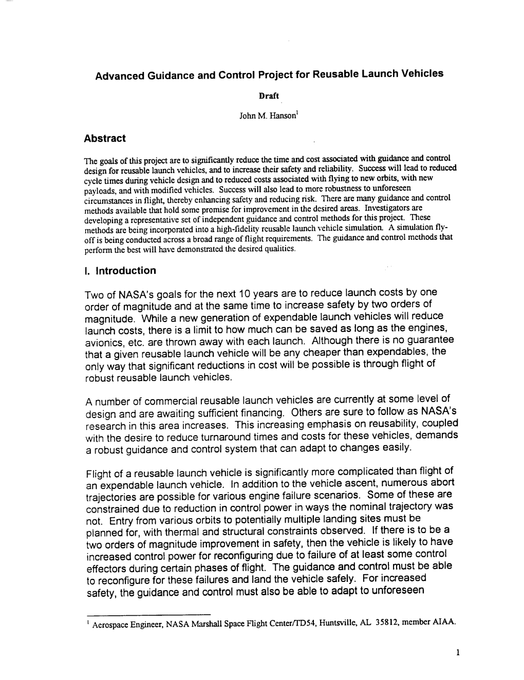 Advanced Guidance and Control Project for Reusable Launch Vehicles Abstract I. Introduction Two of NASA's Goals for the Next 10