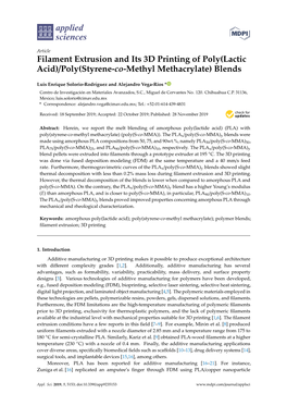 Filament Extrusion and Its 3D Printing of Poly(Lactic Acid)/Poly(Styrene-Co-Methyl Methacrylate) Blends