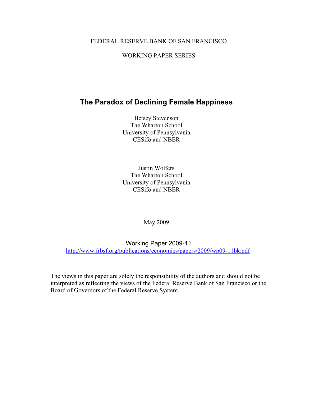 The Paradox of Declining Female Happiness