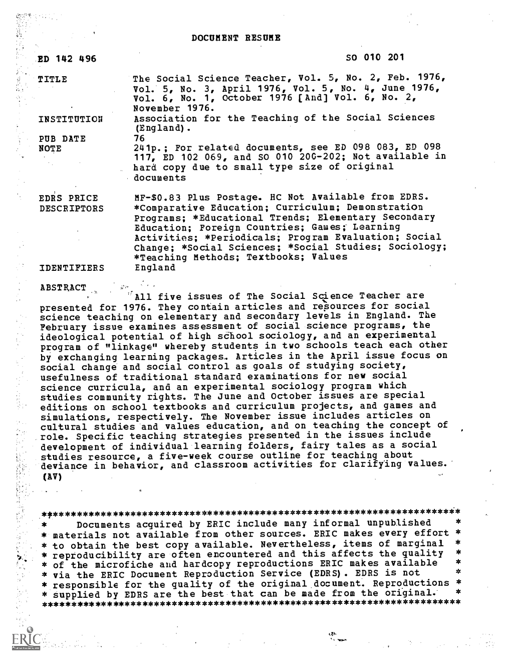 Five Issues of the Social S4ence Teacher Are Presented for 1976