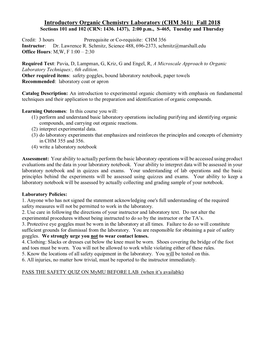 Introductory Organic Chemistry Laboratory (CHM 361): Fall 2018 Sections 101 and 102 (CRN: 1436