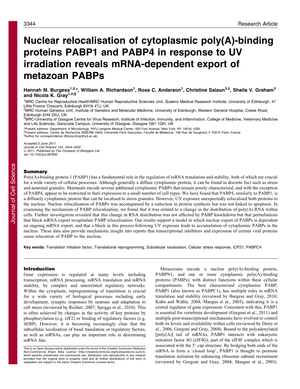 Binding Proteins PABP1 and PABP4 in Response to UV Irradiation Reveals Mrna-Dependent Export of Metazoan Pabps