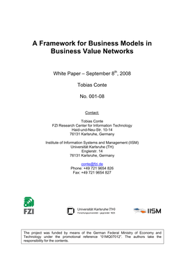 A Framework for Business Models in Business Value Networks