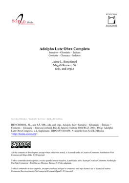 Adolpho Lutz Obra Completa Sumário – Glossário – Índices Contents – Glossary – Indexes