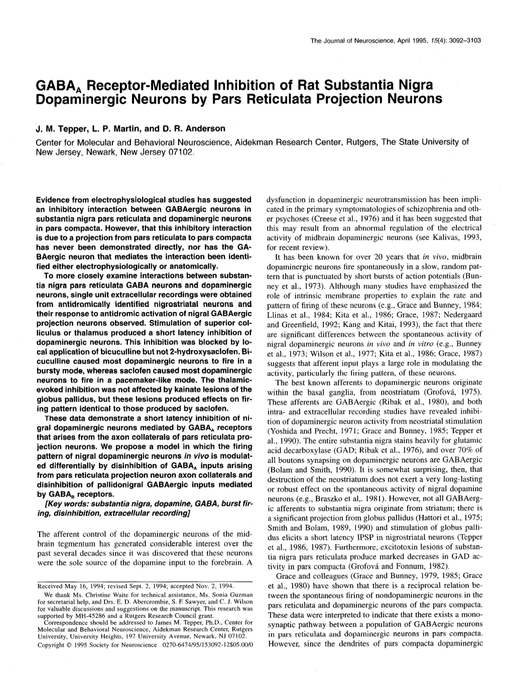 GABA, Receptor-Mediated Inhibition of Rat Substantia Nigra Dopaminergic Neurons by Pars Reticulata Projection Neurons