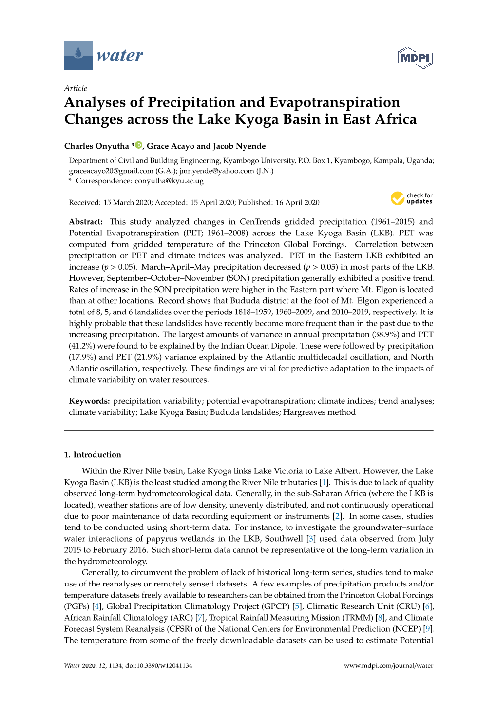 Analyses of Precipitation and Evapotranspiration Changes Across the Lake Kyoga Basin in East Africa