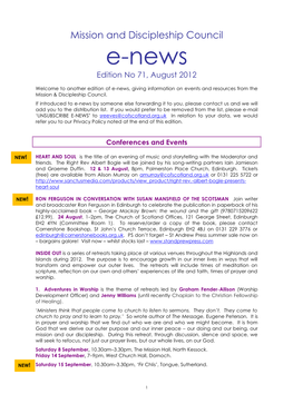 Mission and Discipleship Council E-News Edition No 71, August 2012