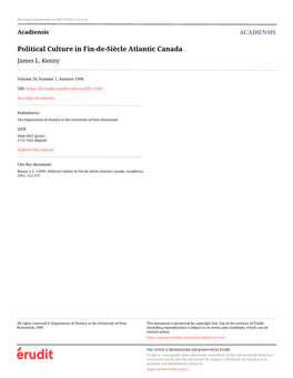Political Culture in Fin-De-Siècle Atlantic Canada James L