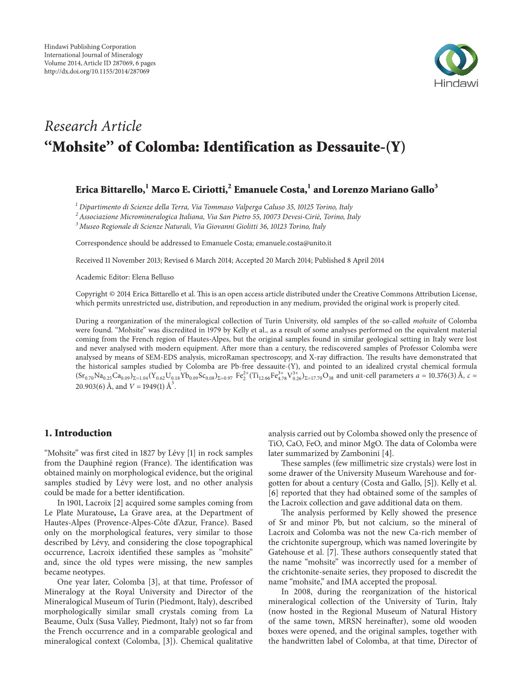 “Mohsite” of Colomba: Identification As Dessauite-(Y)