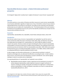 Reproducibility Literature Analysis - a Federal Information Professional Perspective