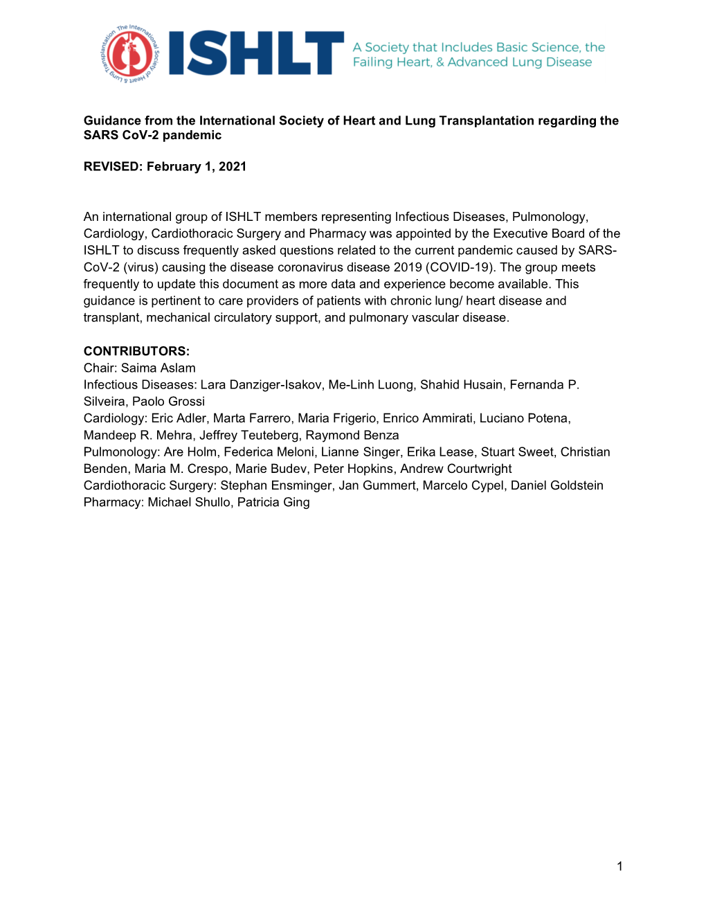 ISHLT Guidance for Cardiothoracic Transplant and VAD Centers