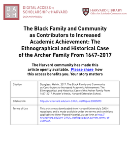 The Black Family and Community As Contributors to Increased Academic Achievement: the Ethnographical and Historical Case of the Archer Family from 1647-2017