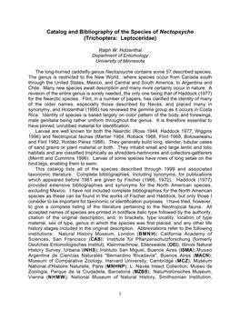 Catalog and Bibliography of the Species of Nectopsyche (Trichoptera: Leptoceridae)