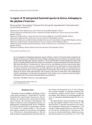 A Report of 35 Unreported Bacterial Species in Korea, Belonging to the Phylum Firmicutes