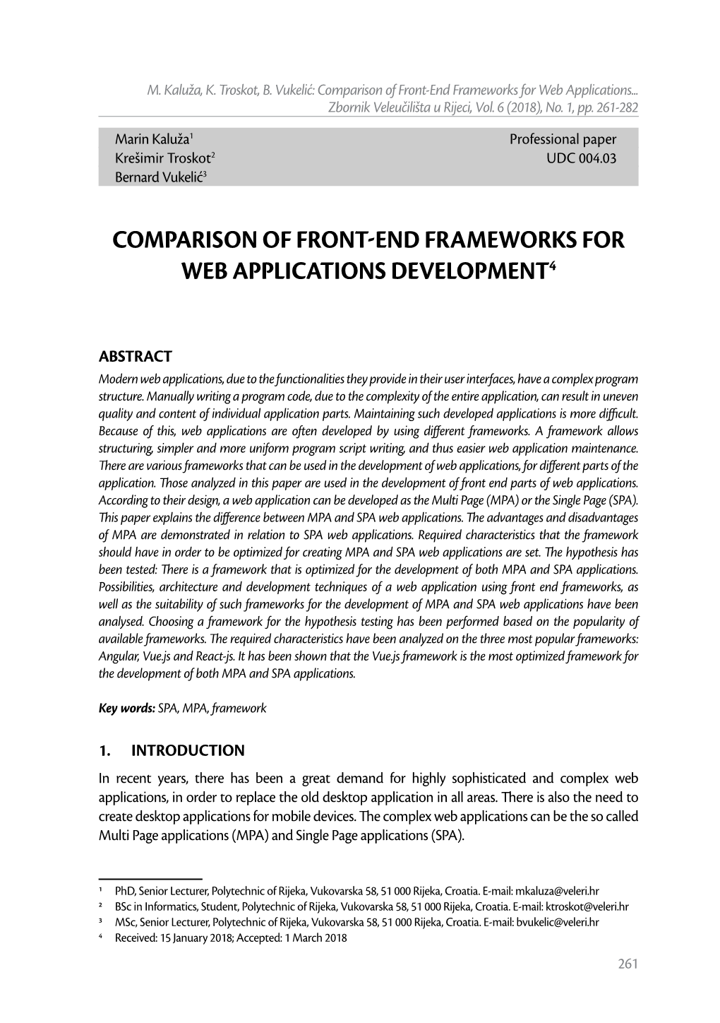 Comparison of Front-End Frameworks for Web Applications