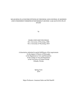 Measuring Player Perceptions of Freedom and Control in Modded and Unmodded Versions of Bethesda’S Skyrim: a Qualitative Play Study