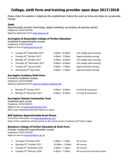 College, Sixth Form and Training Provider Open Days 2017/2018