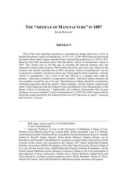 ARTICLE of MANUFACTURE” in 1887 Sarah Burstein†