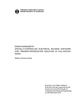 Enrico Manuzzato Digitally-Controlled Electrical Balance Duplexer for Transmitter-Receiver Isolation in Full-Duplex Radio