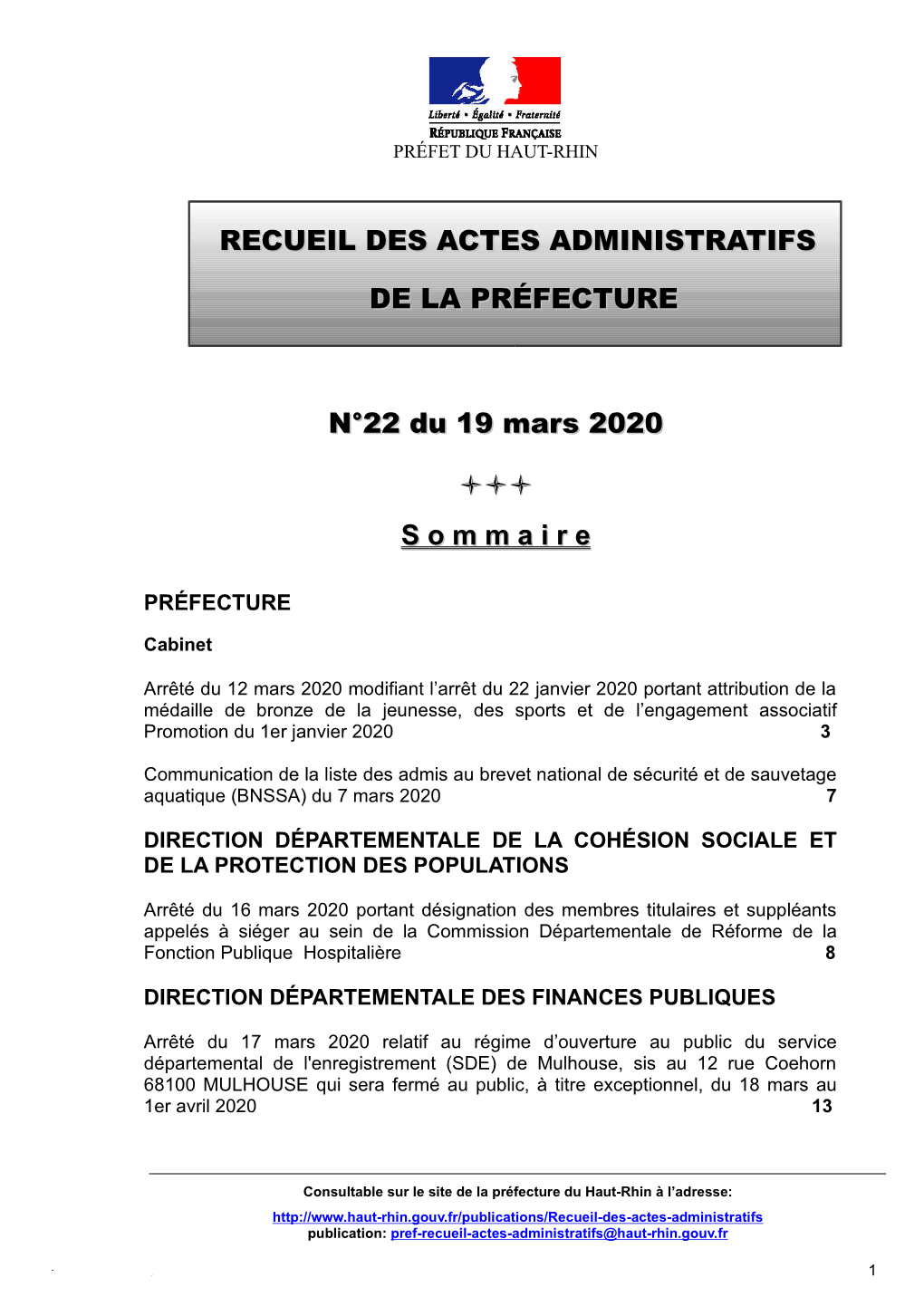 Recueil Des Actes Administratifs De La Préfecture Du Haut-Rhin