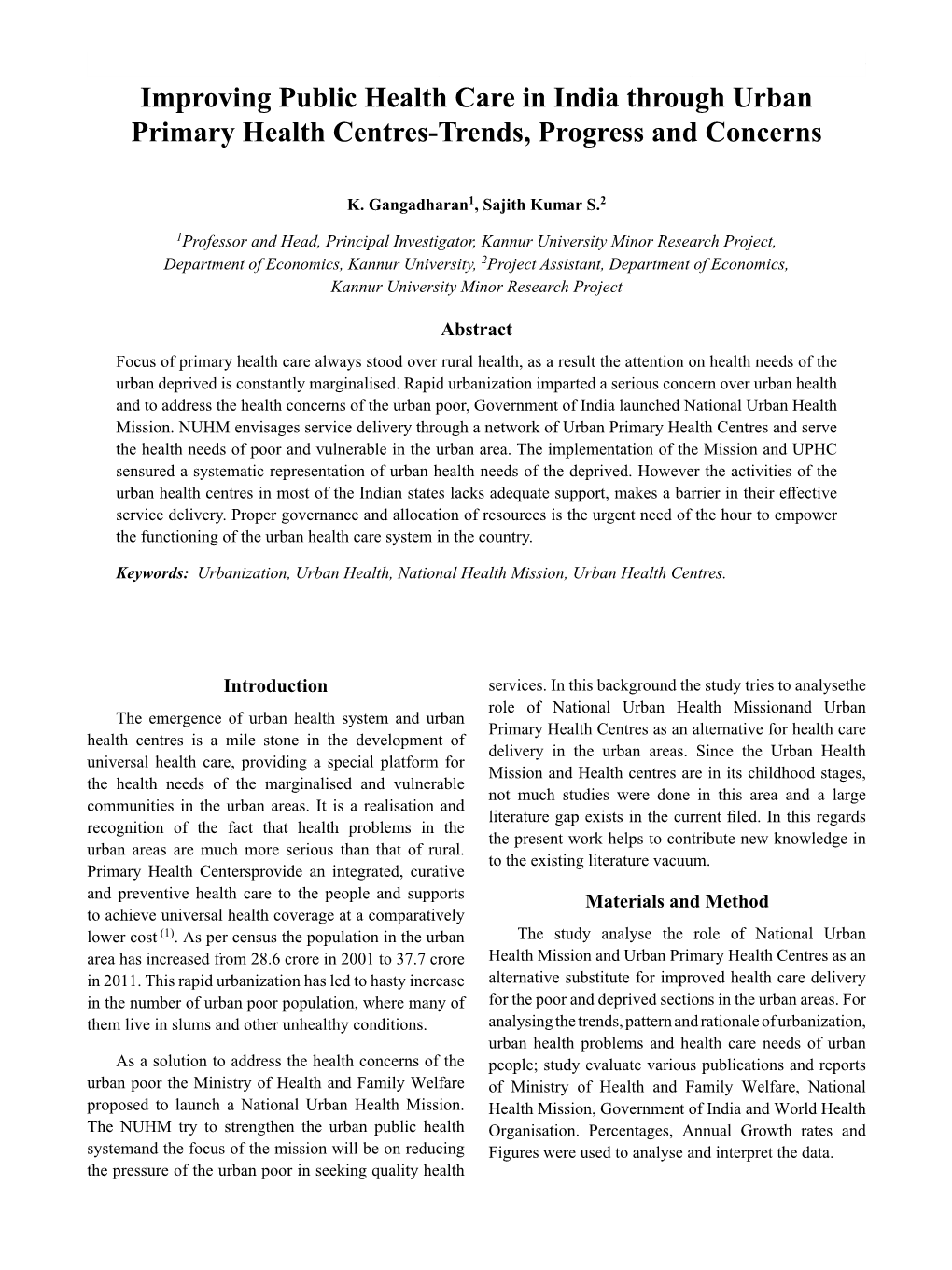 Improving Public Health Care in India Through Urban Primary Health Centres-Trends, Progress and Concerns