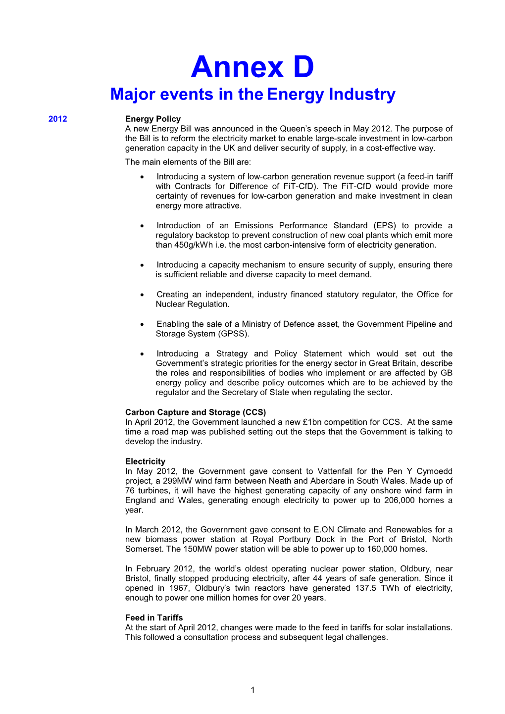 Annex D Major Events in the Energy Industry