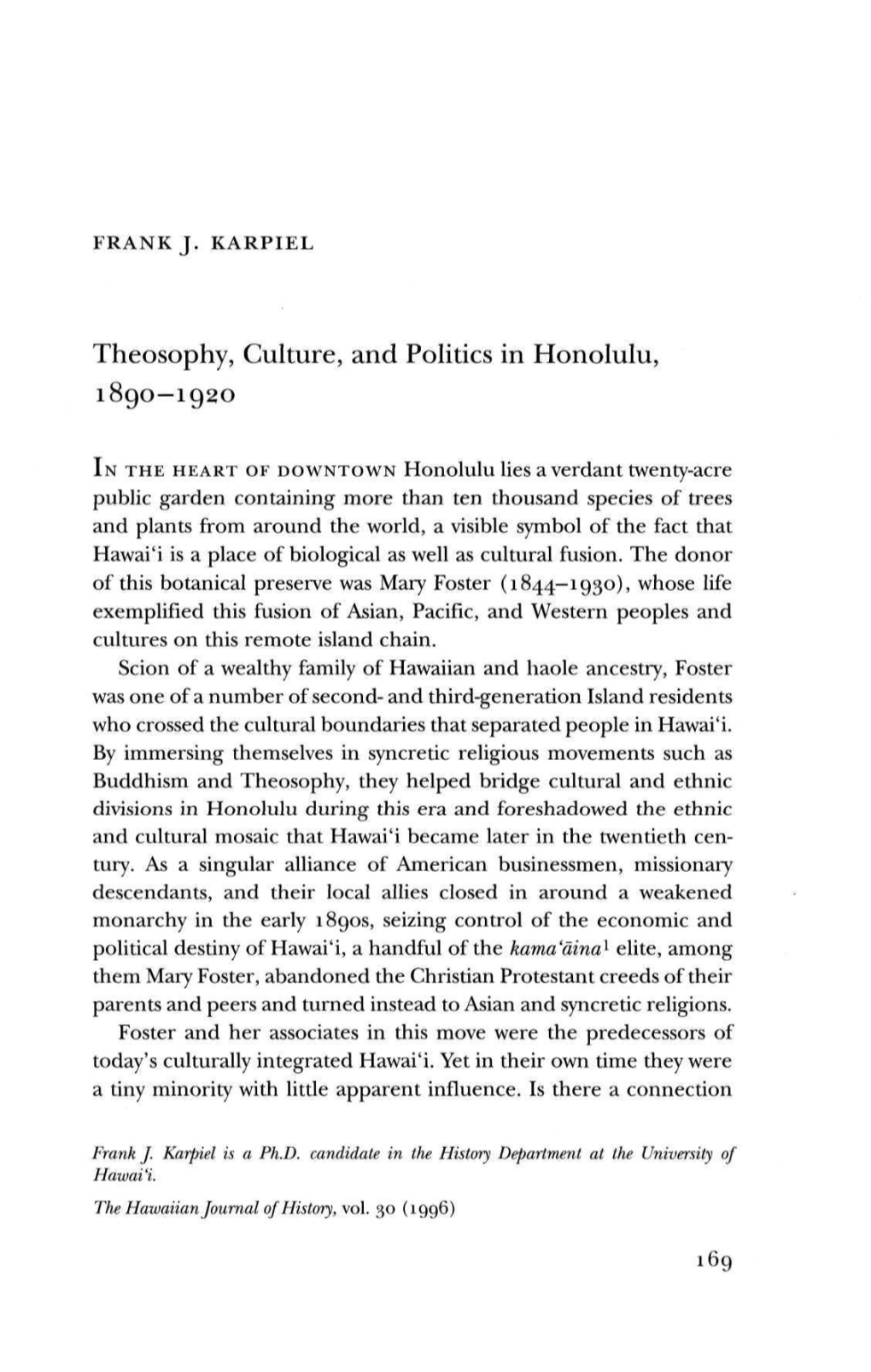 Theosophy, Culture, and Politics in Honolulu, 1890-1920