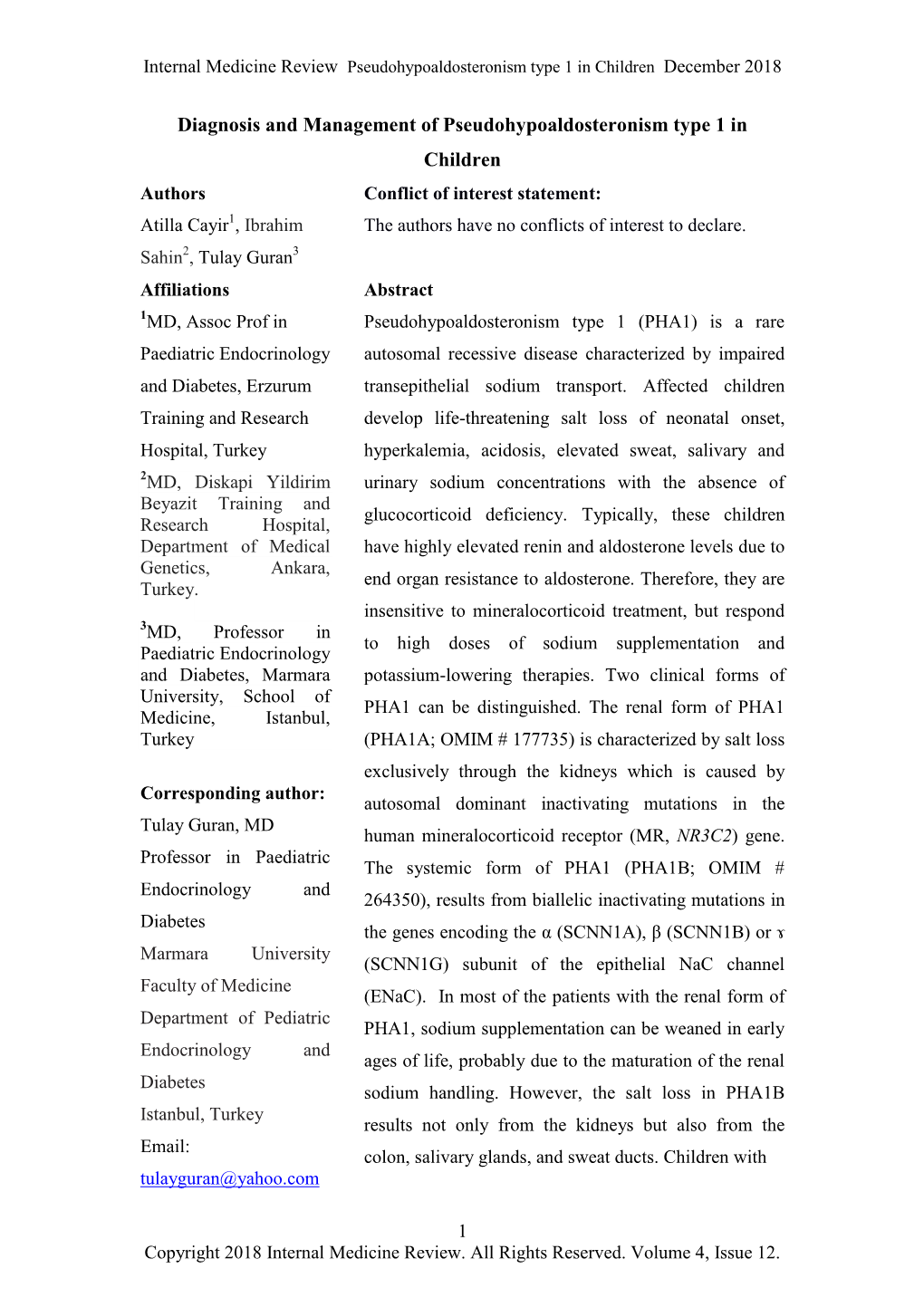 Diagnosis and Management of Pseudohypoaldosteronism Type 1 In