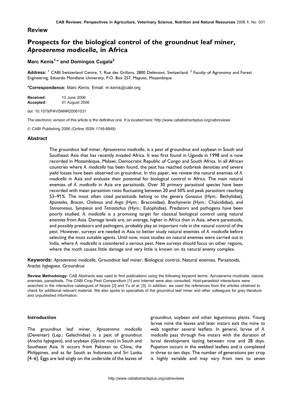 Reviews: Perspectives in Agriculture, Veterinary Science, Nutrition and Natural Resources 2006 1, No