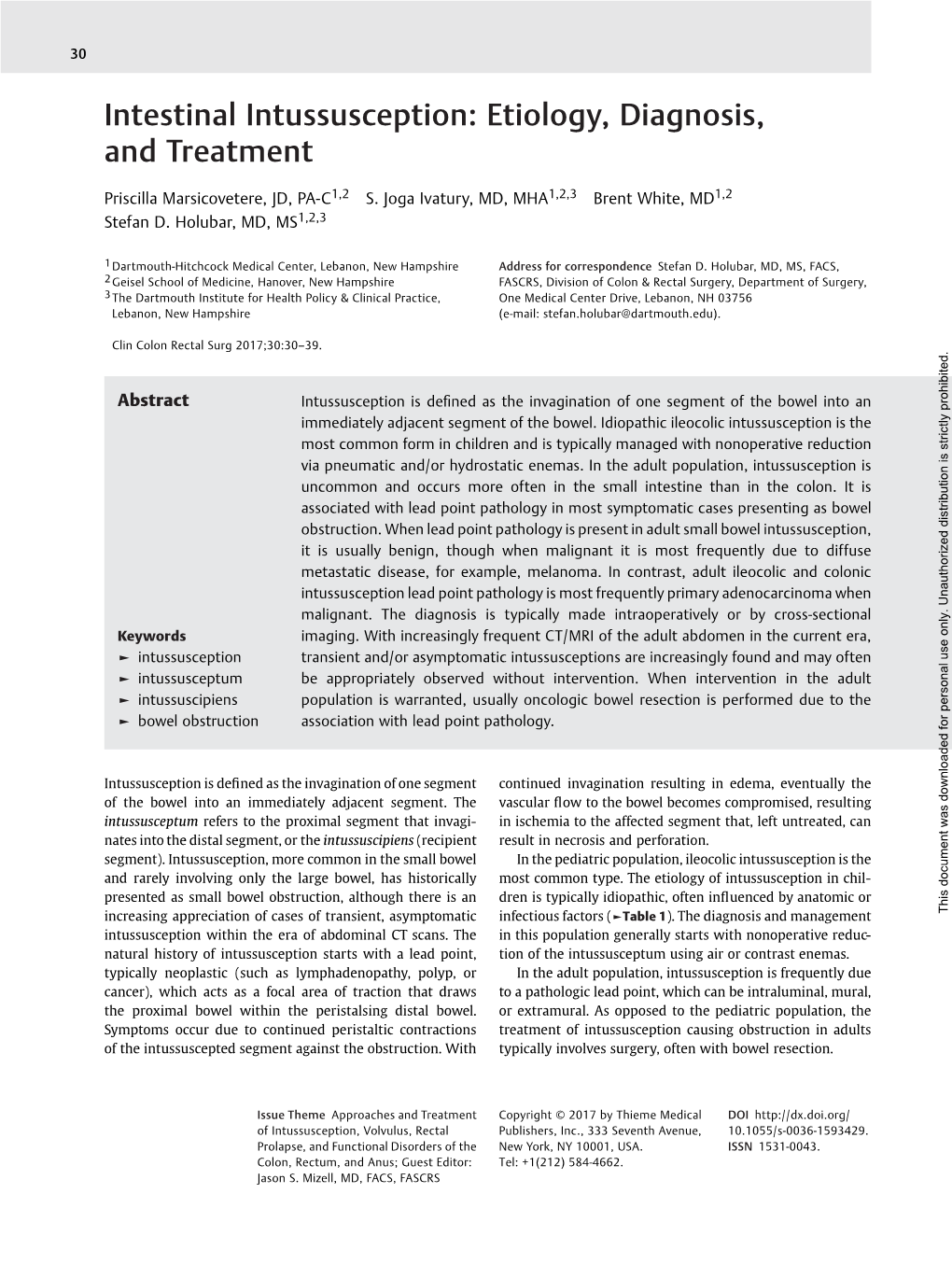 Intestinal Intussusception: Etiology, Diagnosis, and Treatment