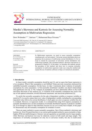 Mardia's Skewness and Kurtosis for Assessing Normality Assumption In