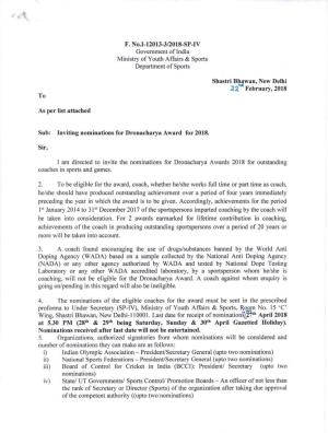 F. No.I-12013-3/2018-SP-IV Government of India Ministry of Youth Affairs & Sports Department of Sports