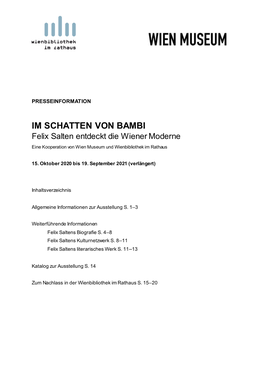 IM SCHATTEN VON BAMBI Felix Salten Entdeckt Die Wiener Moderne Eine Kooperation Von Wien Museum Und Wienbibliothek Im Rathaus