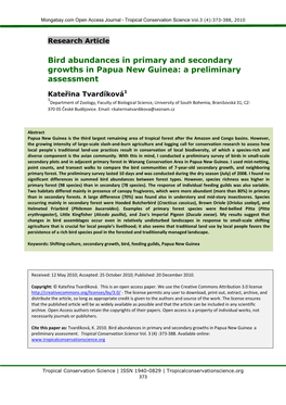 Bird Abundances in Primary and Secondary Growths in Papua New Guinea: a Preliminary Assessment