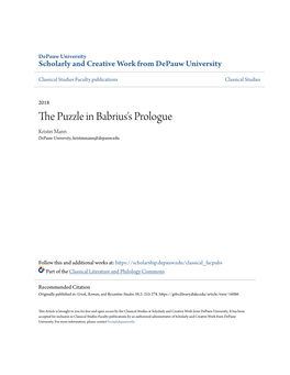 The Puzzle in Babrius's Prologue Kristin Mann Depauw University, Kristinmann@Depauw.Edu
