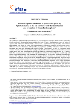Scientific Opinion on the Risk to Plant Health Posed by Xylella Fastidiosa in the EU Territory, with the Identification and Evaluation of Risk Reduction Options1