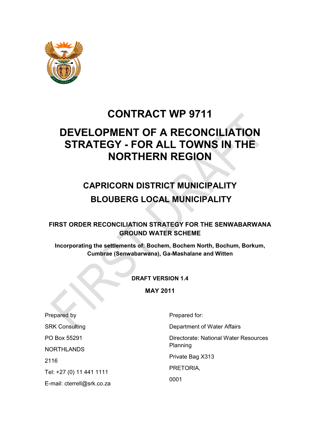 Senwabarwana GWS May2011.Docx May 2011 Ii RECONCILIATION STRATEGY for SENWABARWANA GWS REPORT NO