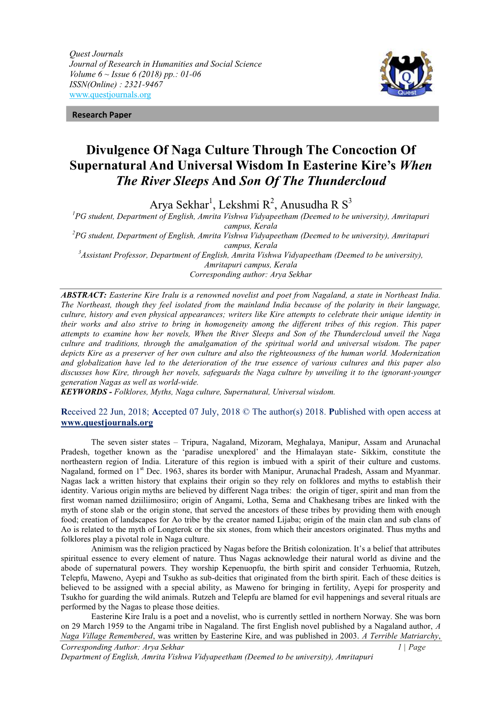 Divulgence of Naga Culture Through the Concoction of Supernatural and Universal Wisdom in Easterine Kire’S When the River Sleeps and Son of the Thundercloud