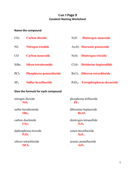 Unit 5 Page 9 Covalent Naming Worksheet