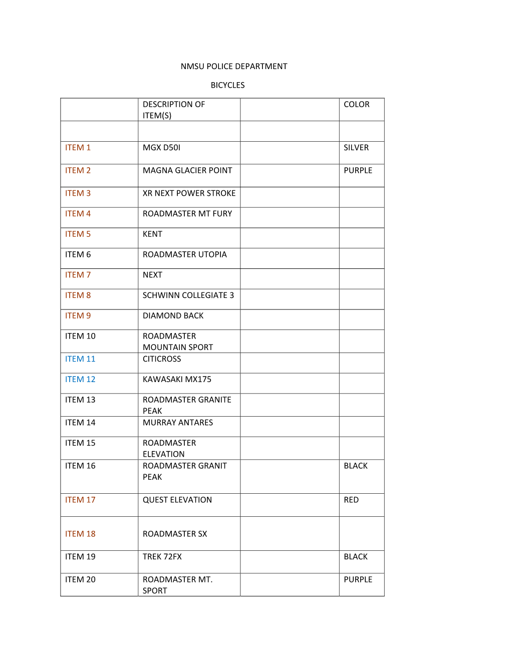 Nmsu Police Department Bicycles Description of Item