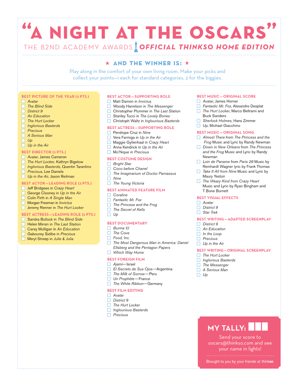 “A Night at the Oscars” the 82Nd Academy Awards Official Thinkso Home Edition and the Winner Is: Play Along in the Comfort of Your Own Living Room