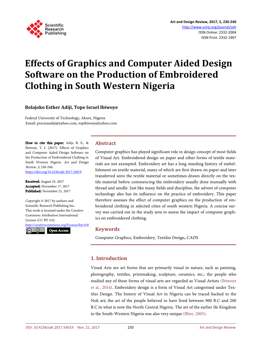 Effects of Graphics and Computer Aided Design Software on the Production of Embroidered Clothing in South Western Nigeria